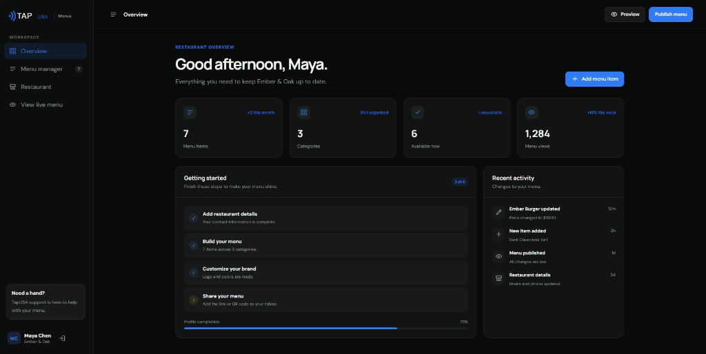 TapUSA Menus portal dashboard with overview stats, setup checklist, and recent activity